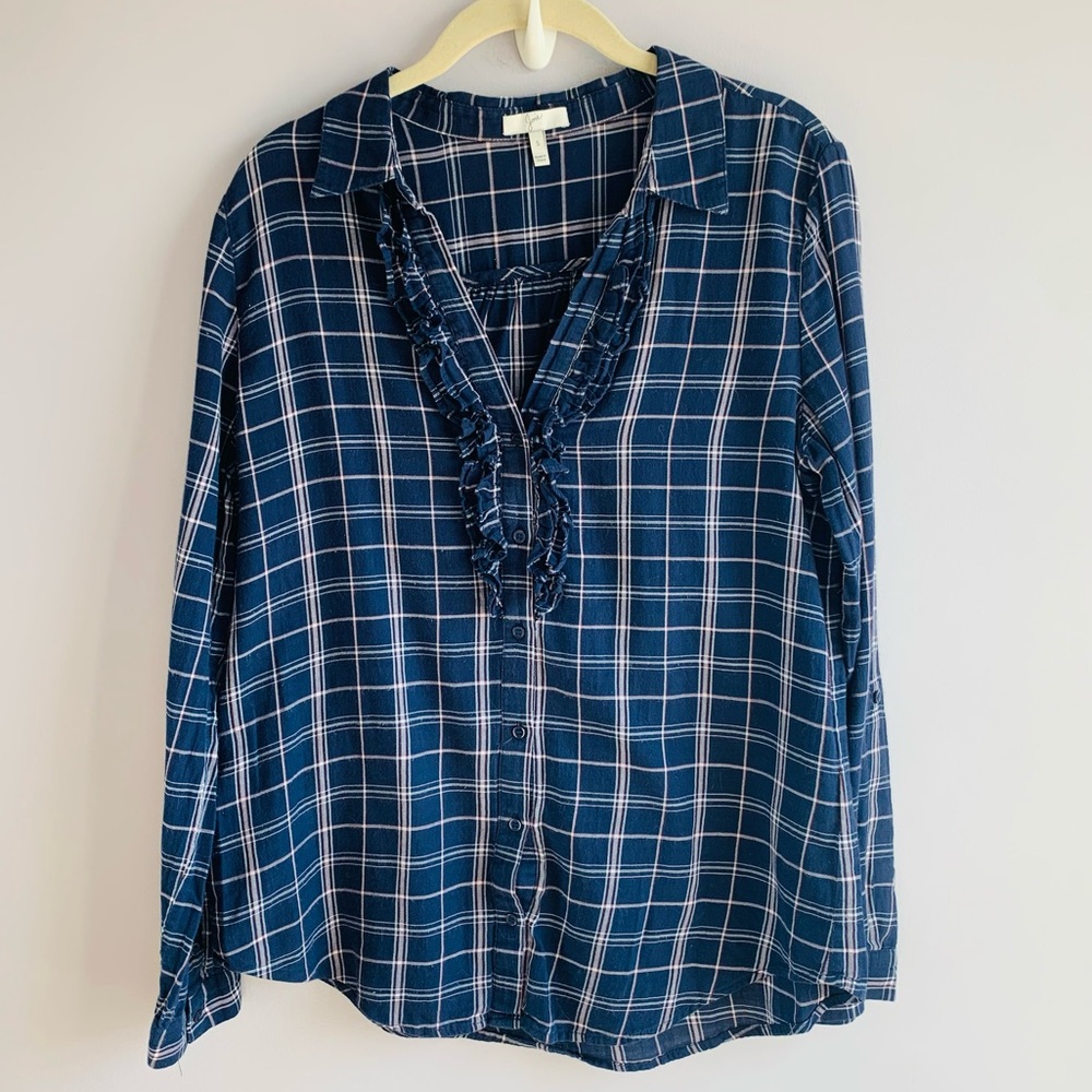 Joie Blouse Navy White Plaid Open Neck Soft Cotton Casual Spring Office Small